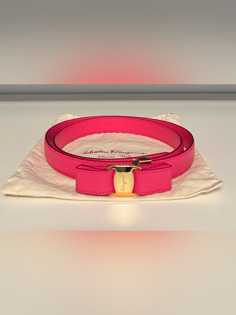 Authentic Ferragamo Hot Pink Leather Vara Bow Belt with Gold Buckle